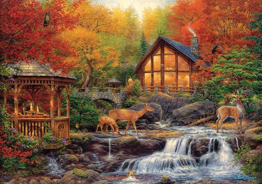 Őszi ház festése az erdőben a patak mellett szarvasokkal online puzzle
