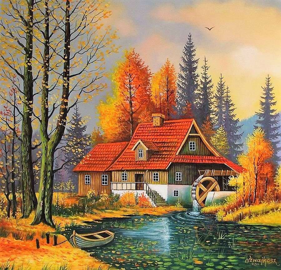 Картина Осень в сельской местности Мельница у реки пазл онлайн