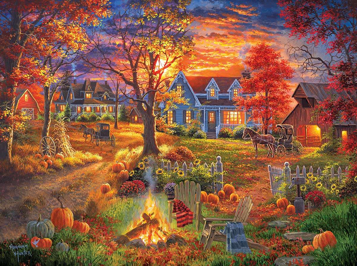 Herfst. Vreugdevuur in de avondtijd legpuzzel online