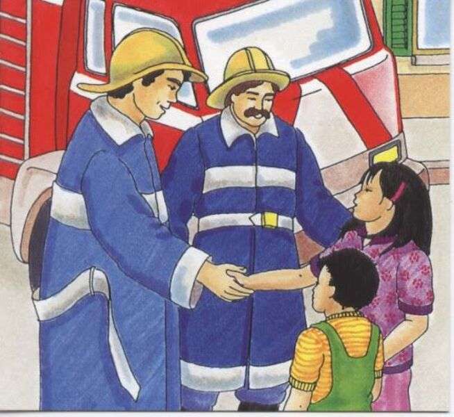 消防士に手を振る子どもたち オンラインパズル