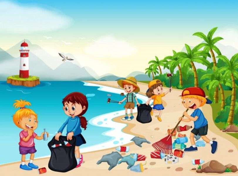 Bambini che puliscono la spiaggia puzzle online