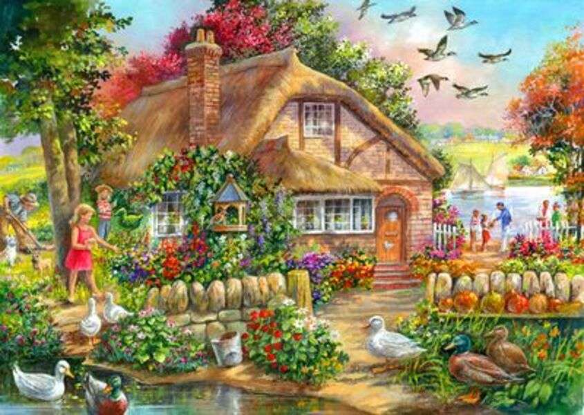 Little girl in the garden of her house jigsaw puzzle online