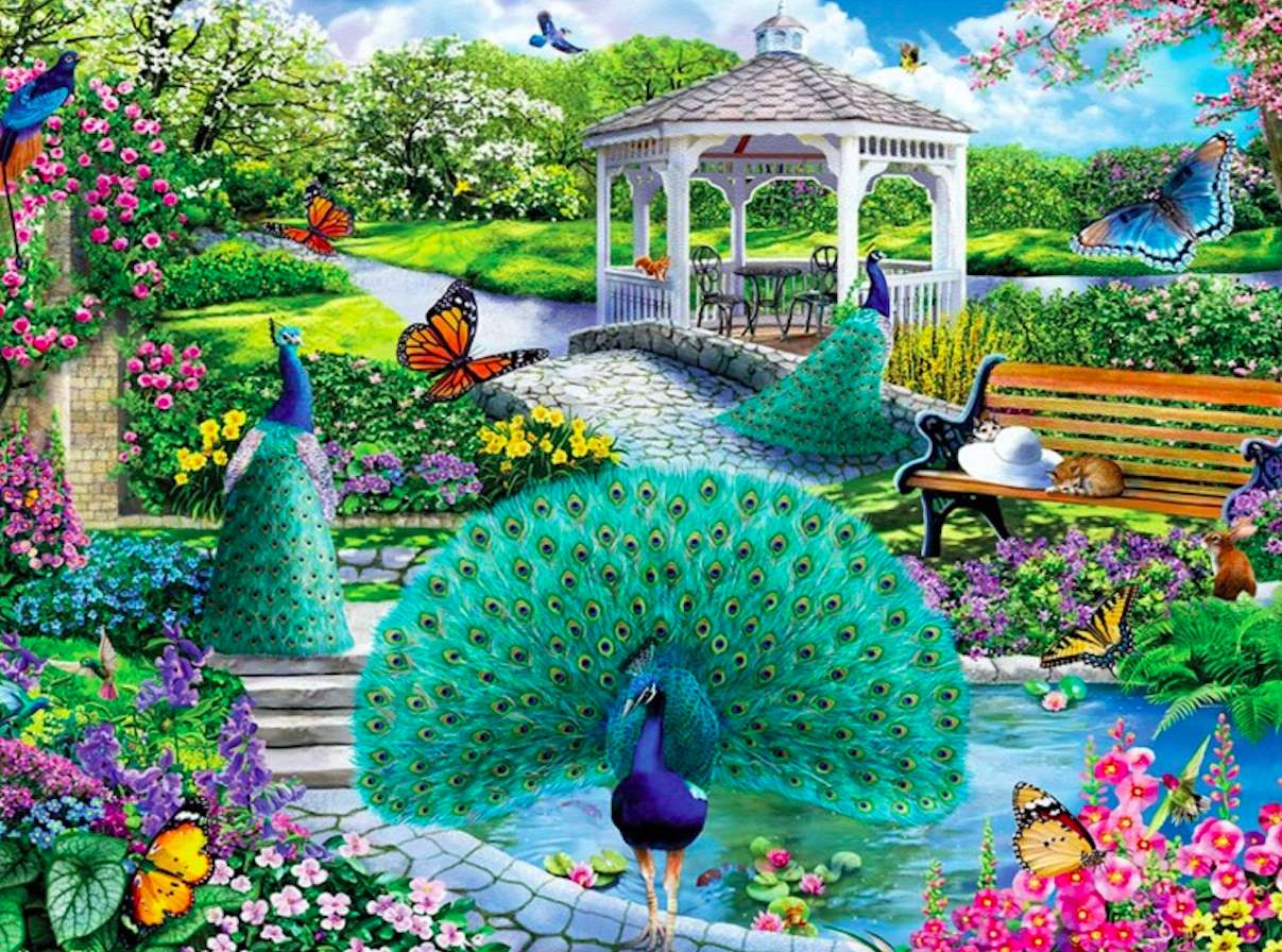 Красиви пауни в красива градина онлайн пъзел