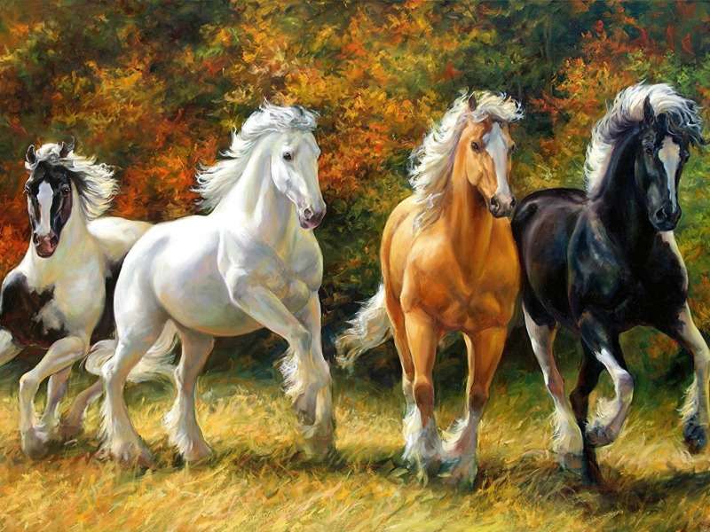 Άλογα στο φθινοπωρινό λιβάδι - η ομορφιά τους είναι εκπληκτική online παζλ