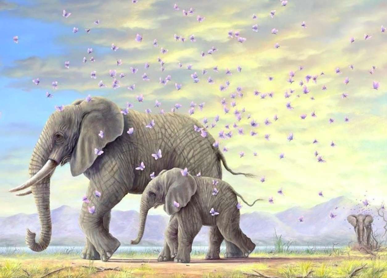 Babyelefant med mamma bland fjärilar Pussel online