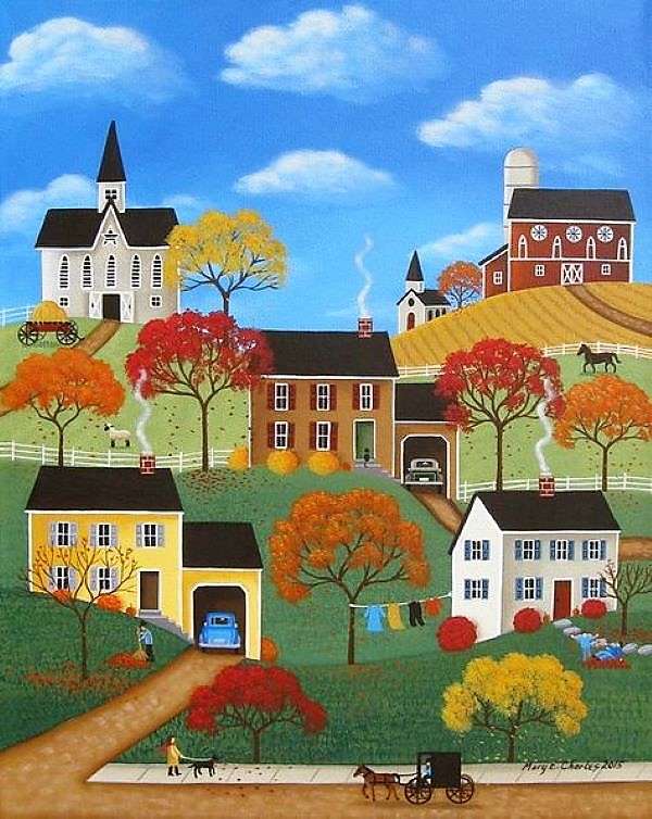 Tempo de outono na pintura da aldeia puzzle online