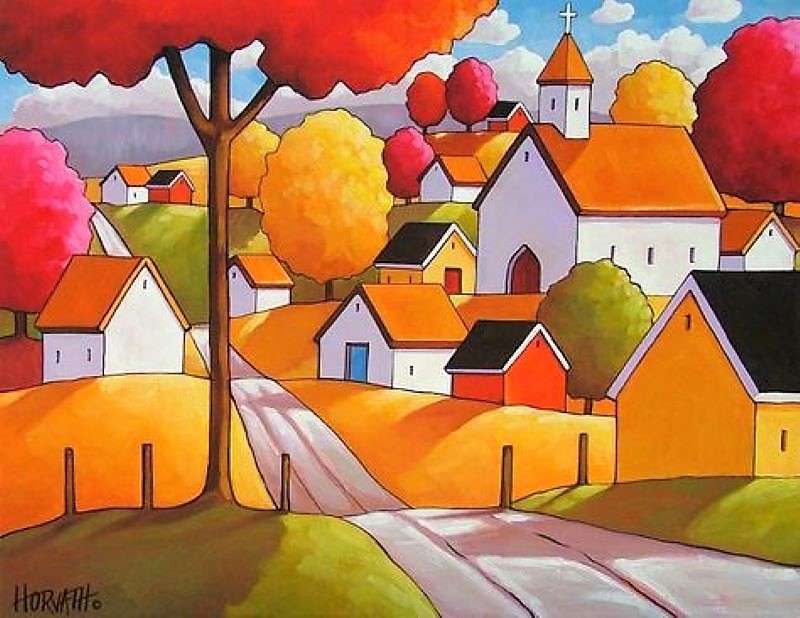Tempo de outono na pintura da aldeia quebra-cabeças online