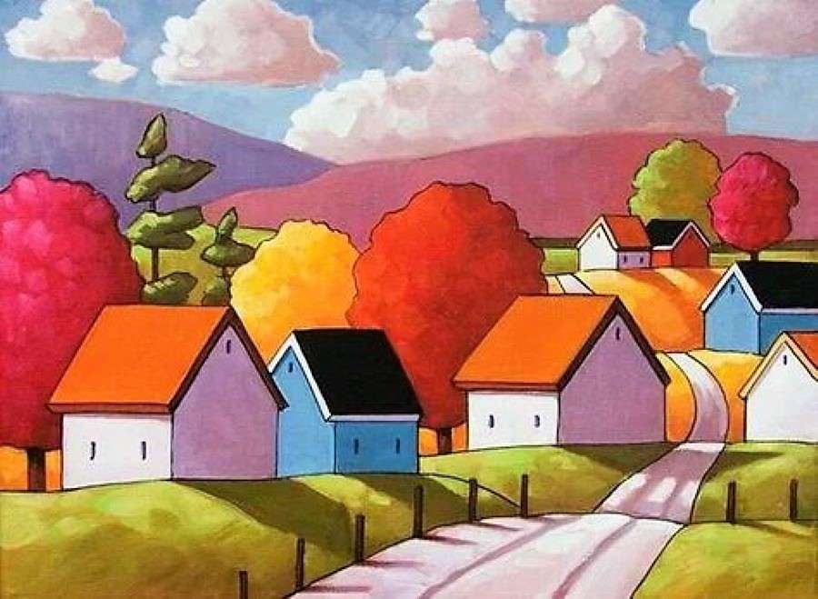 Őszi idő a faluban festészet online puzzle