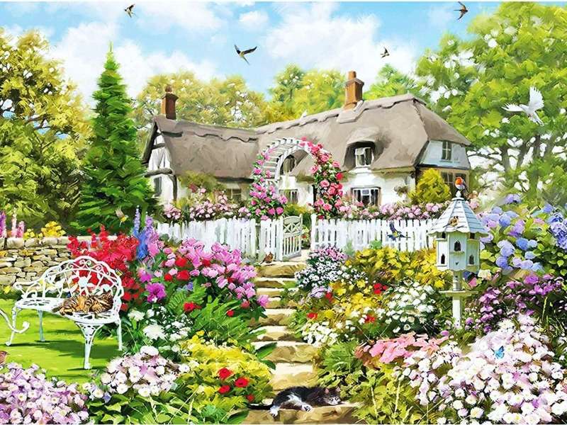 Landhuis in een sprookjesachtige tuin op het platteland legpuzzel online