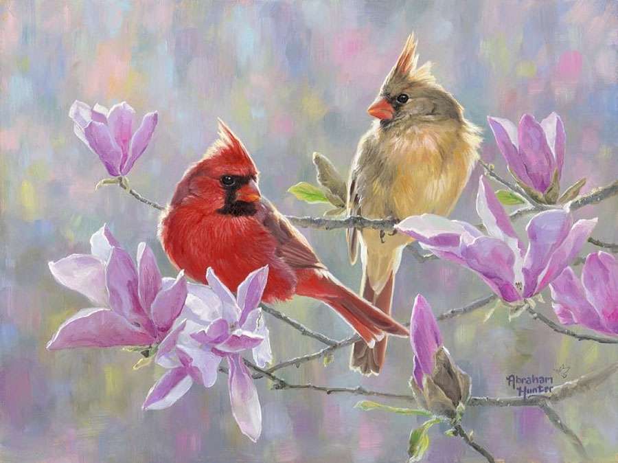 Птах кардинал і самка кардинал - красиві птахи пазл онлайн