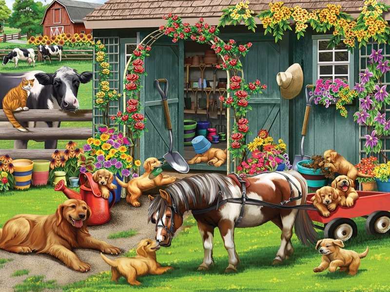 Собаки играют в садовом сарае пазл онлайн