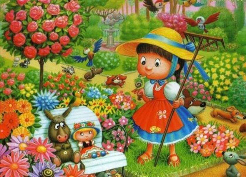 Маленькая девочка играет в саду пазл онлайн