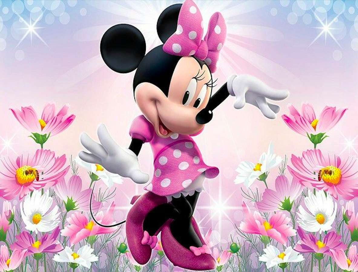 Glückliche Minnie Maus unter Blumen Online-Puzzle