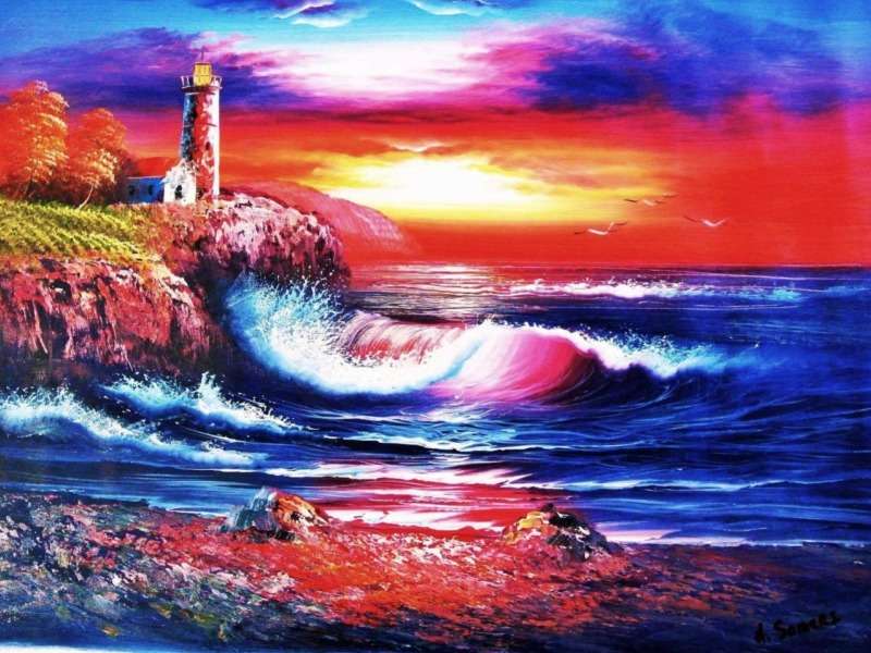 Világítótorony, viharos tenger és gyönyörű naplemente online puzzle