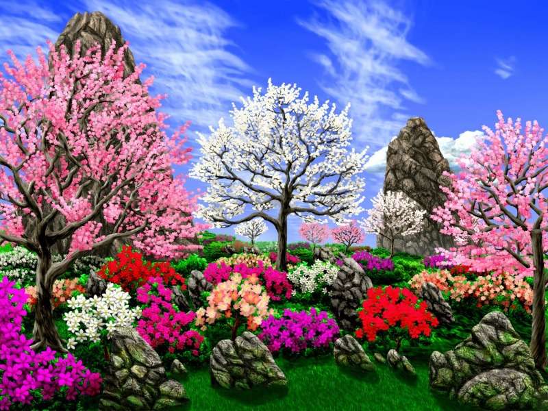 Reizende Farben des Frühlings und des blauen Himmels Online-Puzzle
