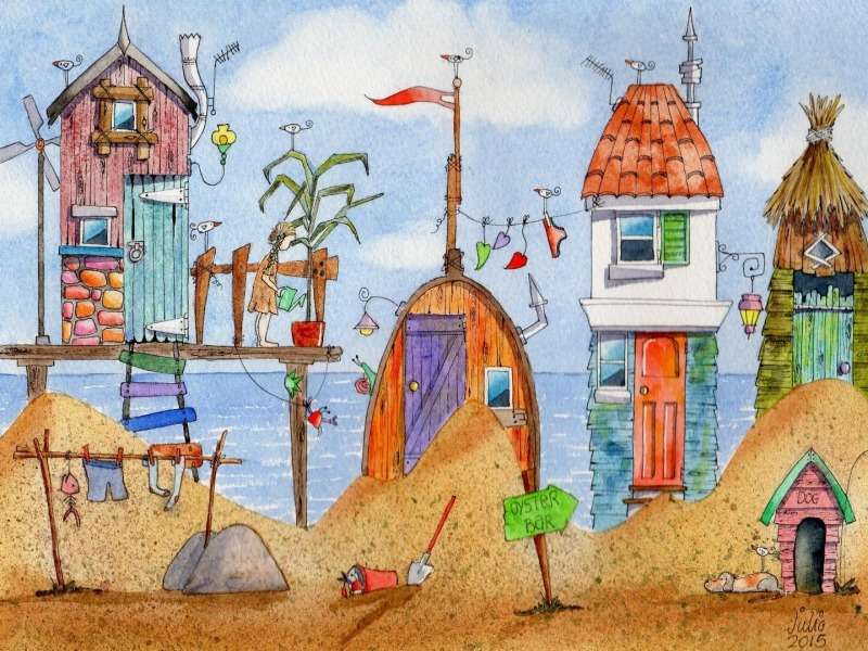 Забавни къщи на плажа, сладки :) онлайн пъзел