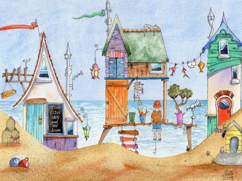 Glada fiskare hus på stranden pussel på nätet