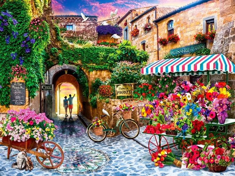 Прекрасный красивый цветочный магазин на маленькой улице пазл онлайн