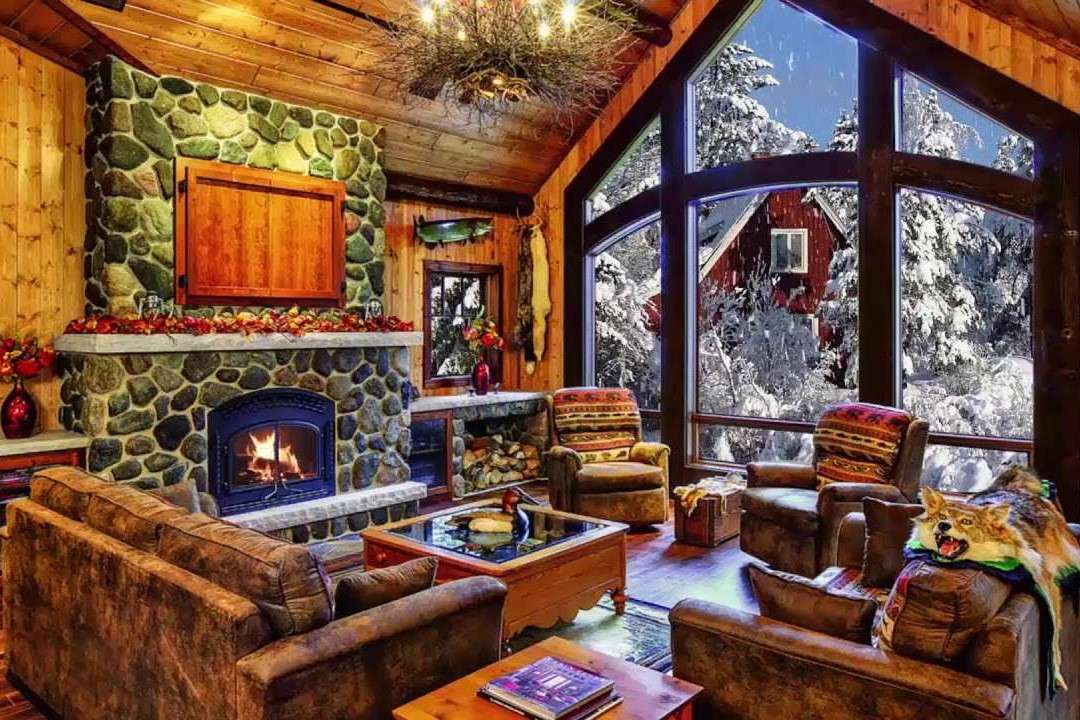 Wooden living room with a fireplace jigsaw puzzle online