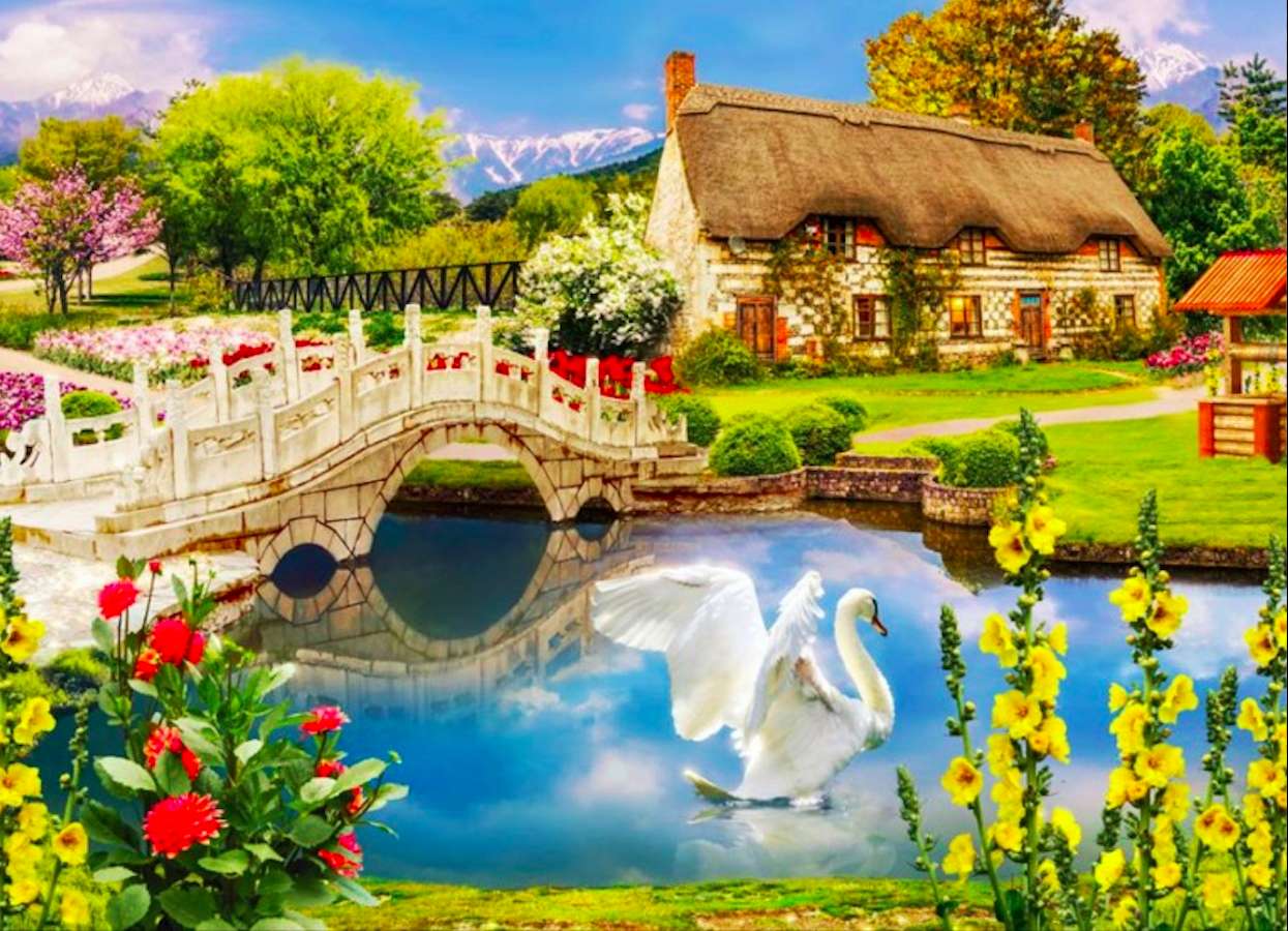 Una casa favolosa con un giardino in riva al fiume puzzle online
