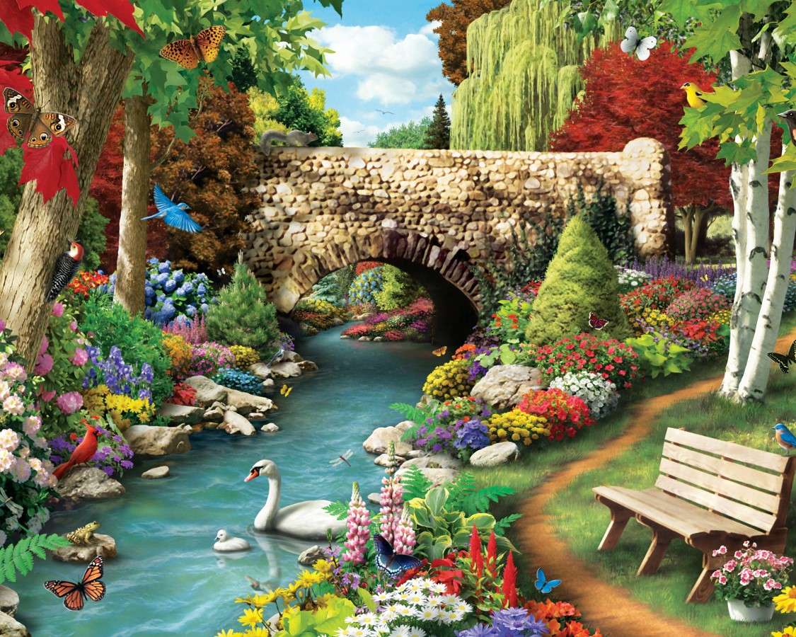 Eine Ansicht mit einem Fluss im Park Puzzlespiel online