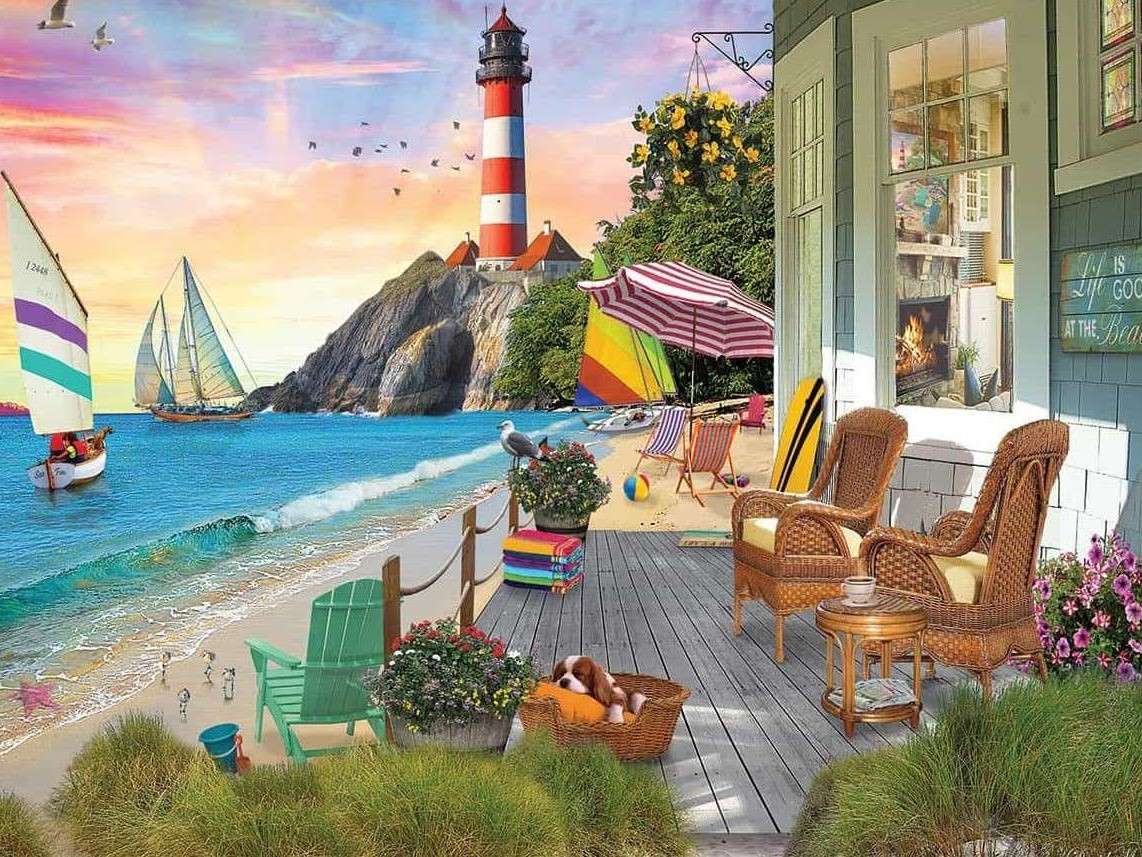 Blick von der Terrasse auf das Meer und den Leuchtturm Puzzlespiel online