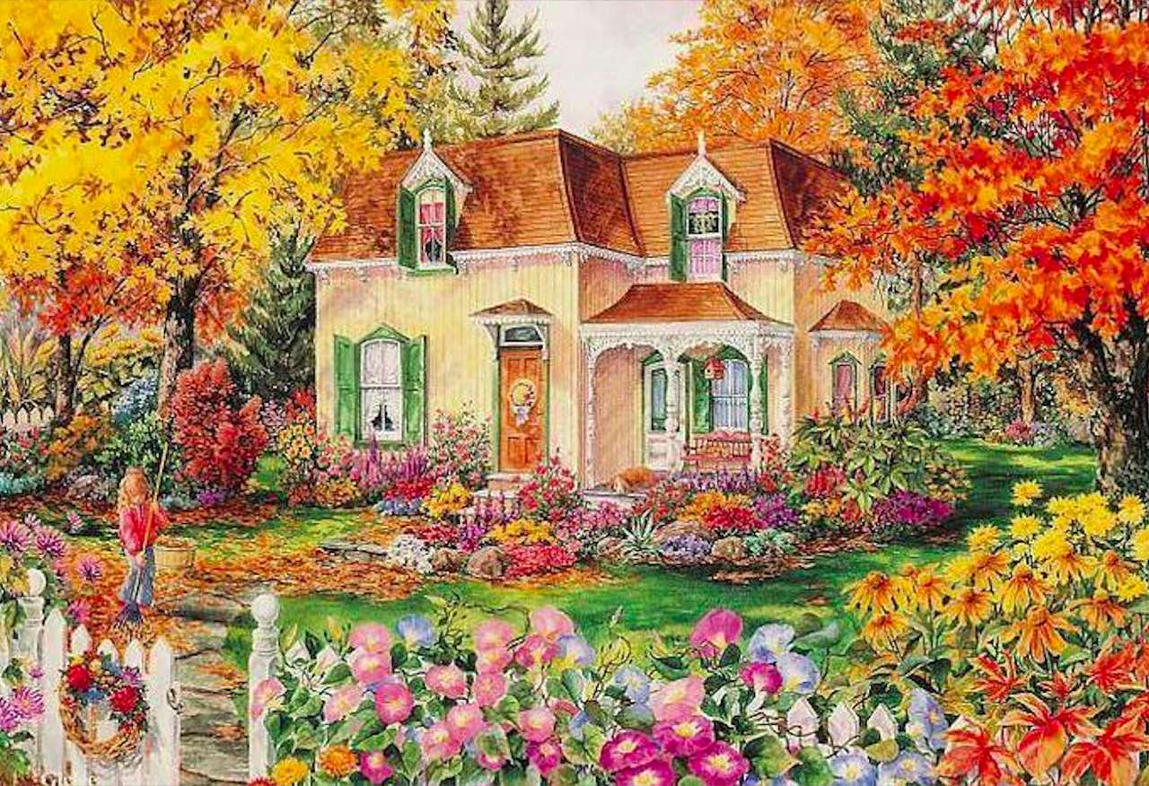 Beautiful house, autumn garden and a small gardener online puzzle