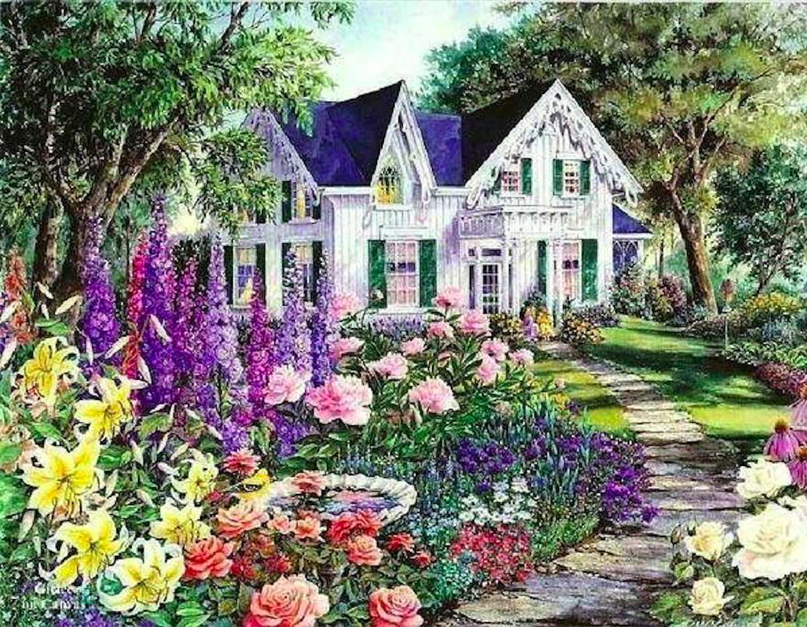 Dům s modrou střechou mezi modrými květinami online puzzle