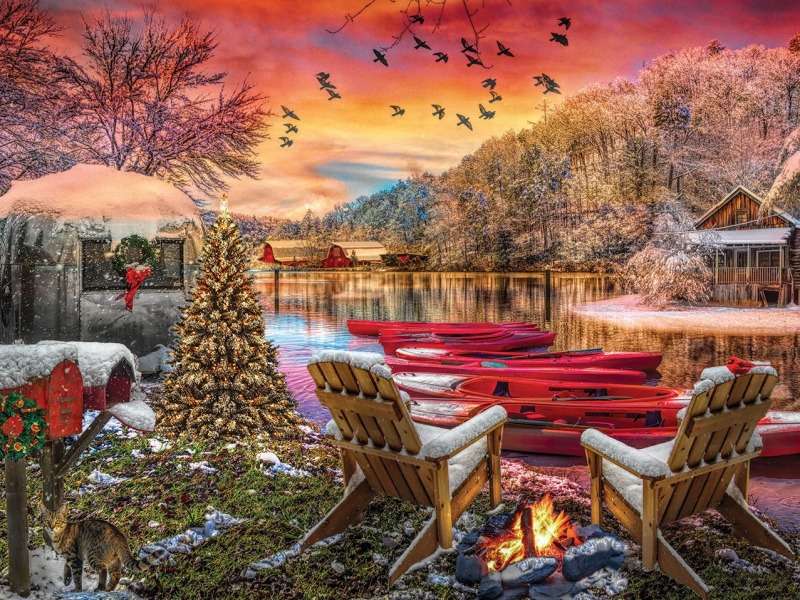 Relajación navideña de invierno en el lago, una vista maravillosa rompecabezas en línea