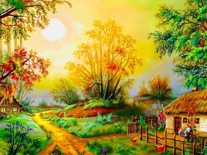 Village Sunrise-Fairy-tale sunrise in the countryside online puzzle