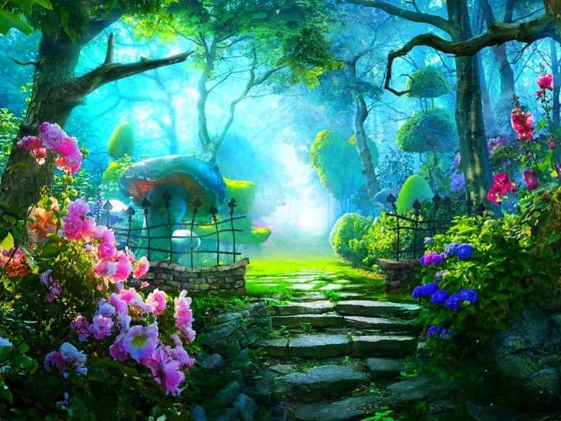 Een sprookjesachtige tuin bij zonsopgang legpuzzel online