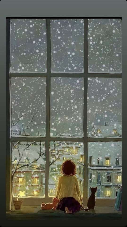 πόλη κάτω από το χιόνι κορίτσι στο παράθυρο παζλ online