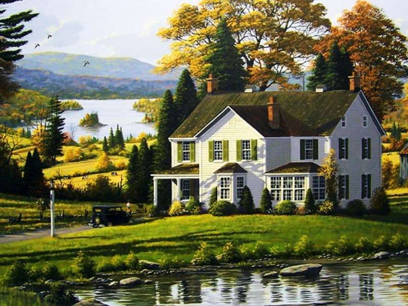 Vackert hus vid dammen och sjön Pussel online