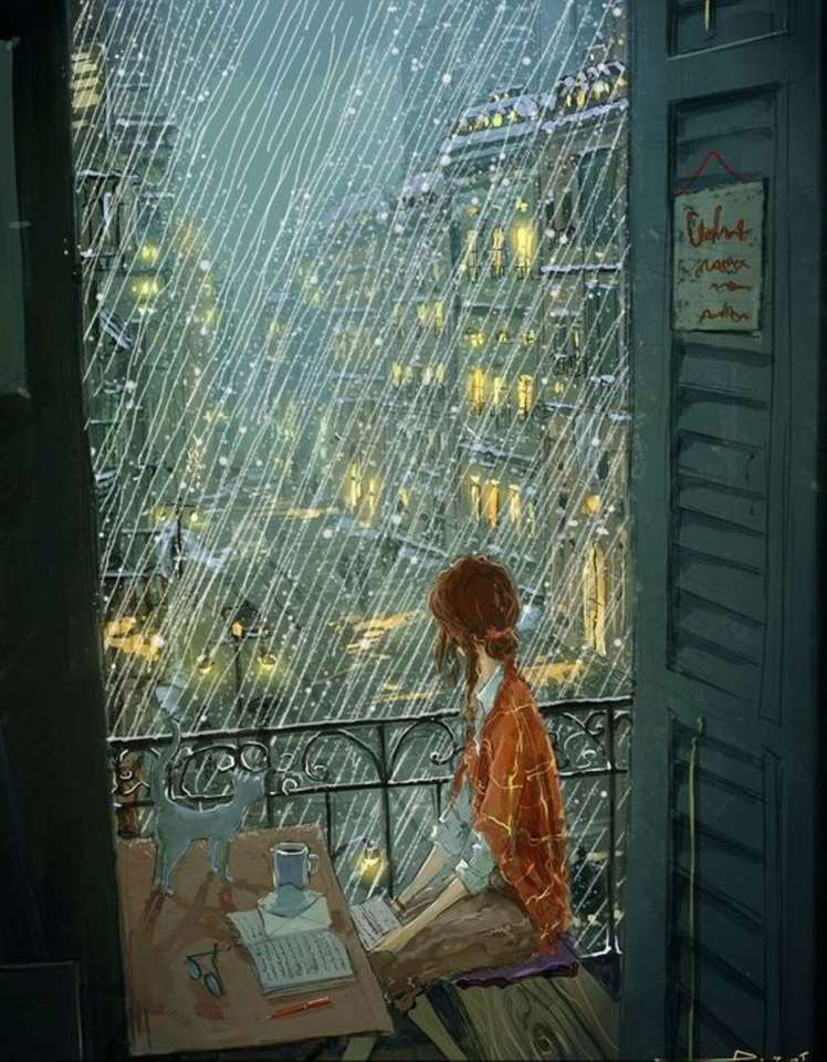 πόλη στη βροχή που φαίνεται από το μπαλκόνι online παζλ
