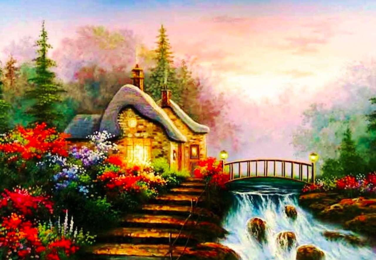 A house by the waterfall, what a view :) online puzzle