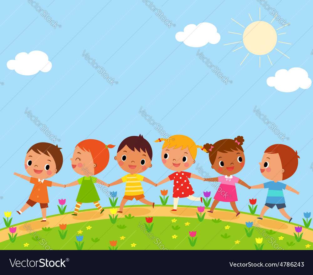 Les enfants marchent sur un beau puzzle de printemps puzzle en ligne
