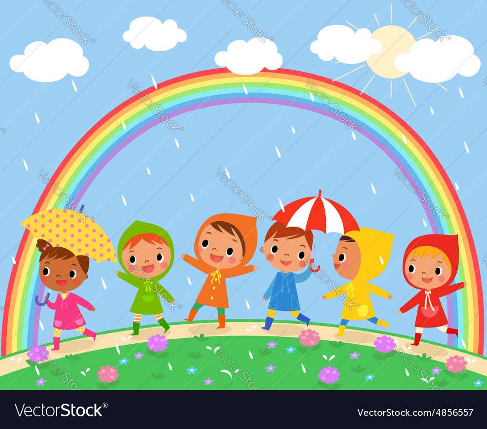 Děti chodí za krásného deštivého dne skládačky online