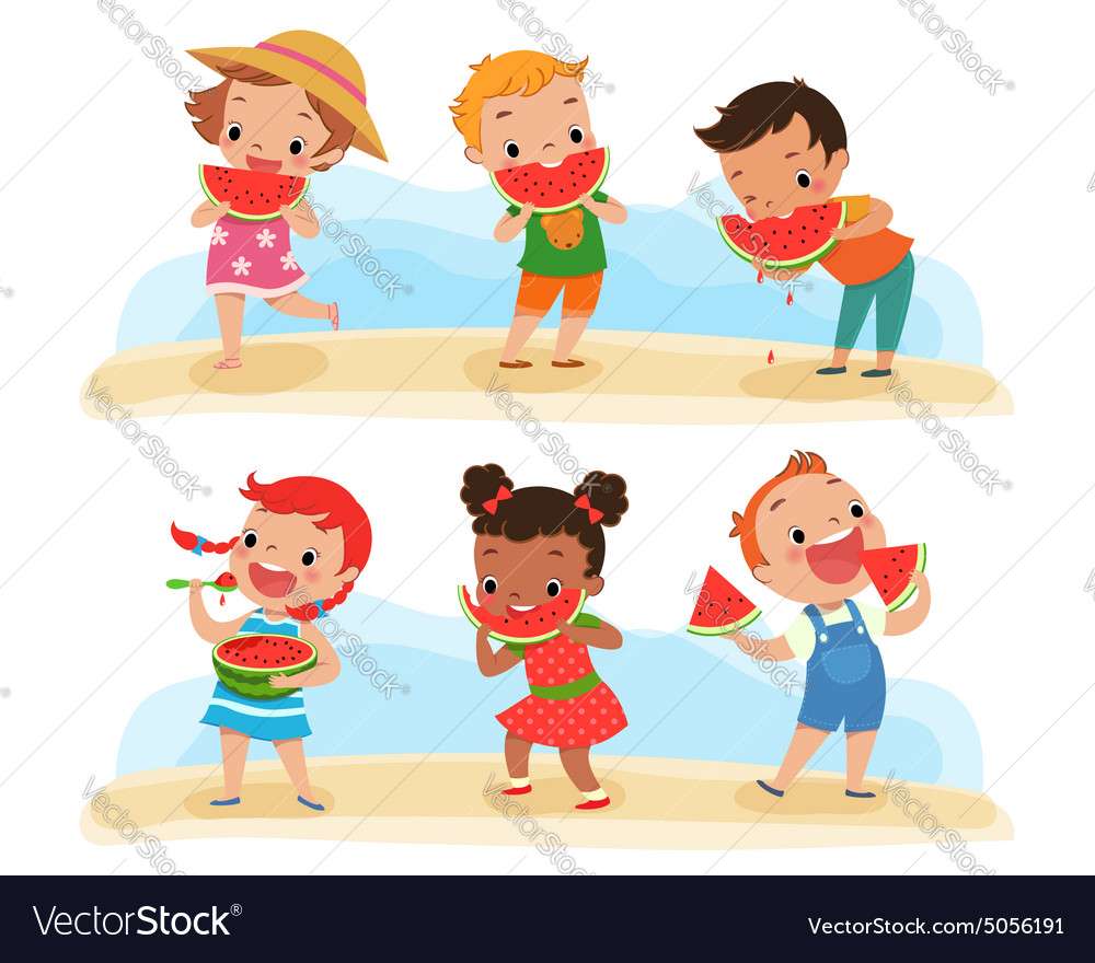 Set van kinderen met watermeloen puzzel legpuzzel online
