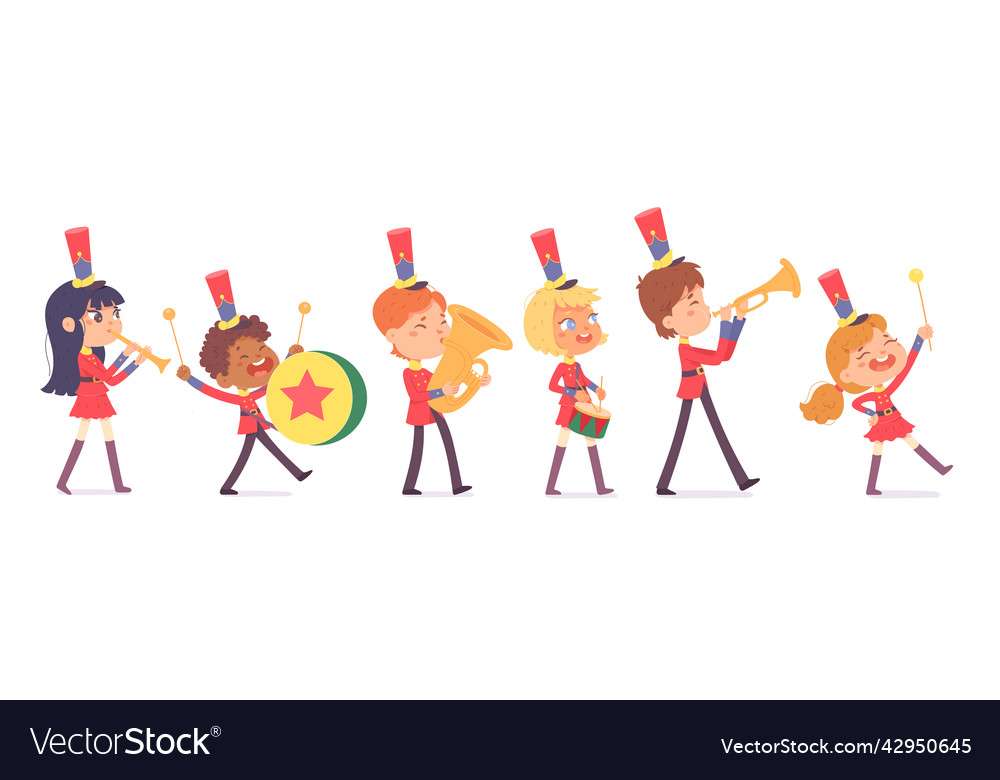 Défilé d'une jolie bande d'enfants en marche en vecteur rouge puzzle en ligne