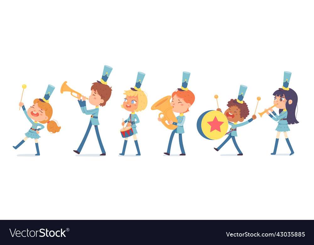Парад на сладък оркестър от маршируващи деца в униформи онлайн пъзел