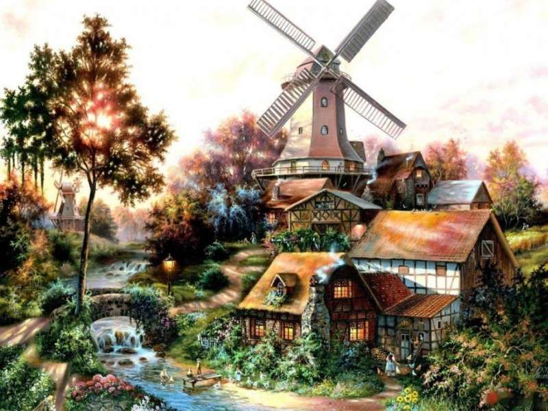 Alte Windmühlen in einem kleinen Dorf Puzzlespiel online