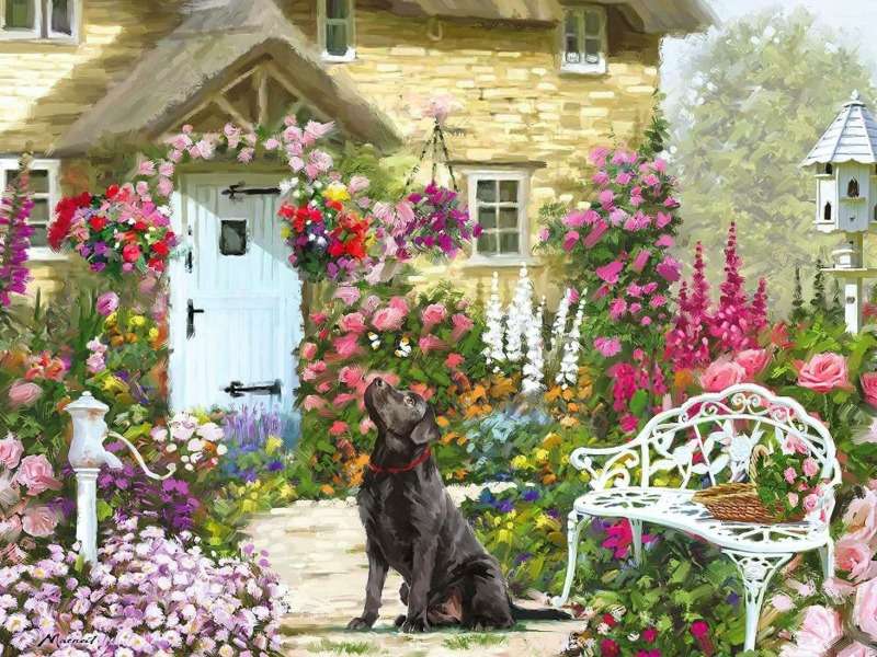 Un chalet avec un beau jardin et un beau chien puzzle en ligne