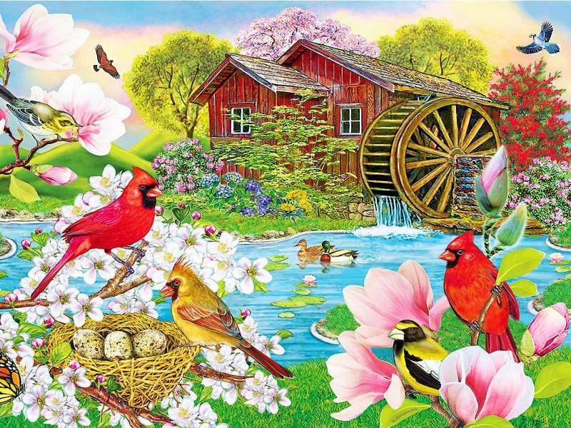 Le printemps et une nouvelle vie à l'étang du moulin puzzle en ligne