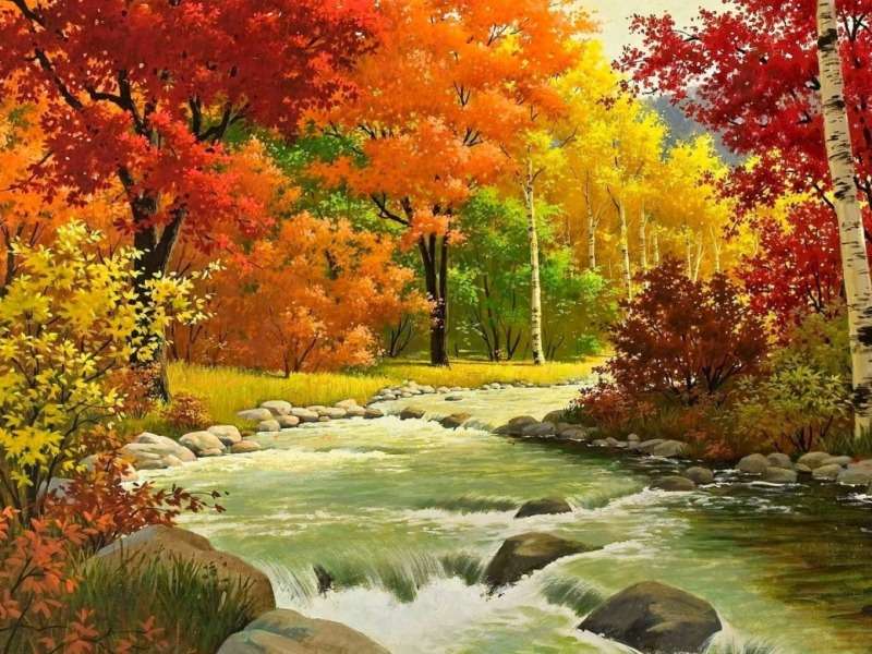 Um rio agitado na floresta de outono, que visão quebra-cabeças online