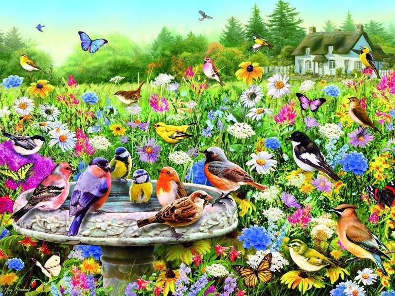 A mysterious, colorful garden with birds jigsaw puzzle online