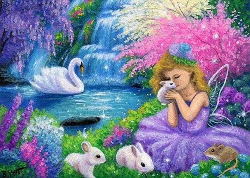 La bambina abbraccia i conigli puzzle online