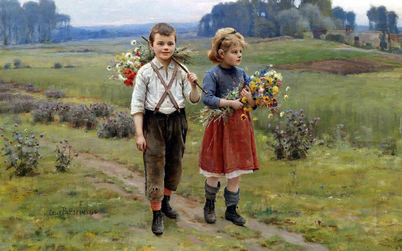 Image. Children with flowers online puzzle