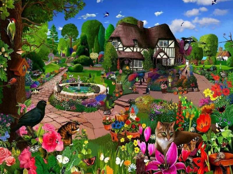 Katzen in einem Bauerngarten-Koty in einem wunderschönen Garten Online-Puzzle