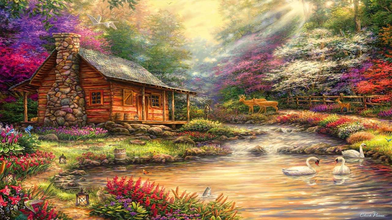 casa nella foresta vicino all'acqua puzzle online