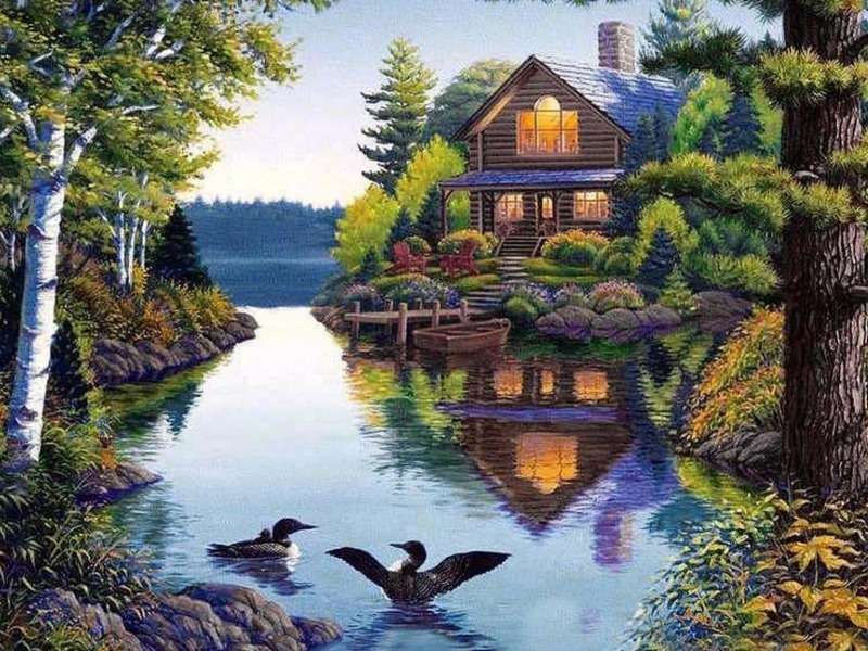 Una casa de cuento de hadas junto a un hermoso lago por la noche. rompecabezas en línea
